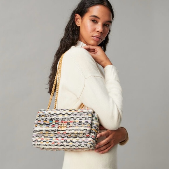 $780 Tory Burch KIRA Tweed Fold Over Small Convertible Crossbody Bag Chain Purse